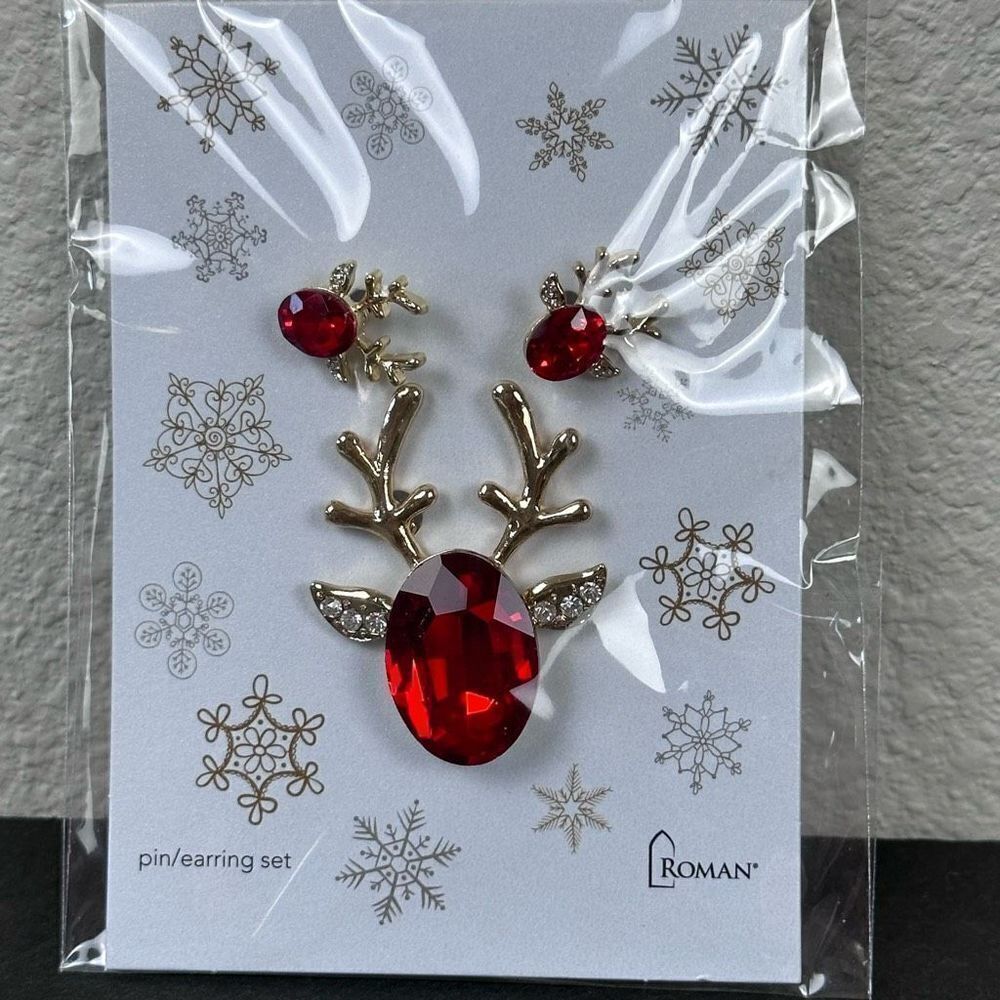 Roman Pin & Earring Reindeer Set Red‎